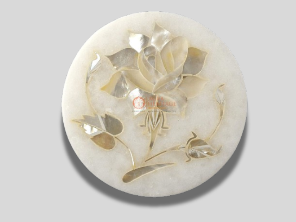 White Marble Coaster Set Mother of Pearl Floral Inlay Art